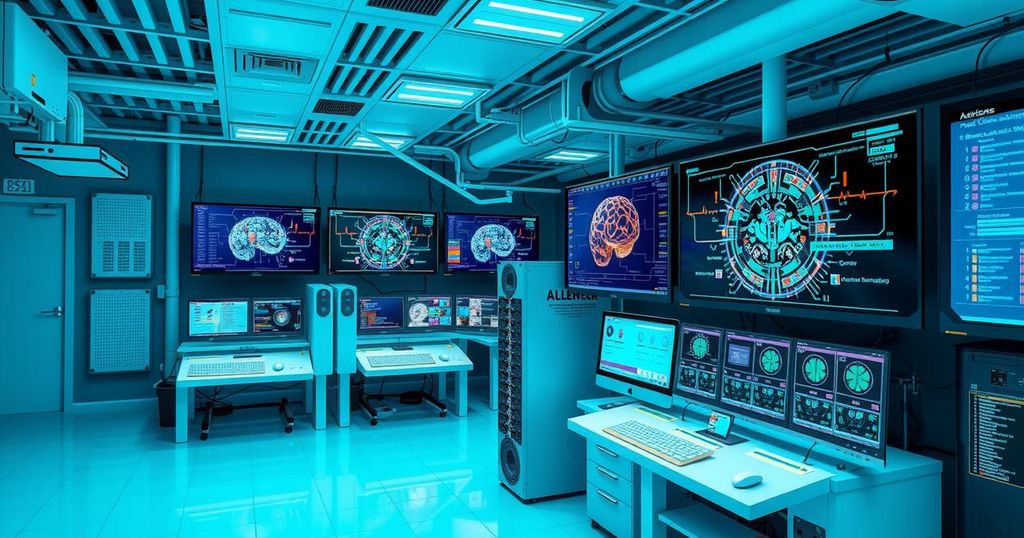 High-tech laboratory setting with AI-driven data simulations and vibrant blue-green color scheme.