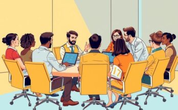 A diverse group of business professionals discussing artificial intelligence integration in a conference setting.
