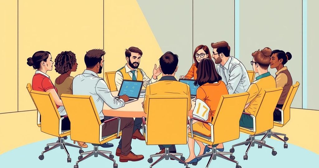 A diverse group of business professionals discussing artificial intelligence integration in a conference setting.