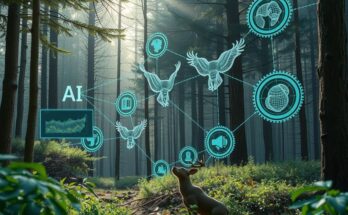 A wildlife research scene showcasing AI tools analyzing animal behaviors in natural habitats using earthy tones.