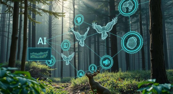 A wildlife research scene showcasing AI tools analyzing animal behaviors in natural habitats using earthy tones.