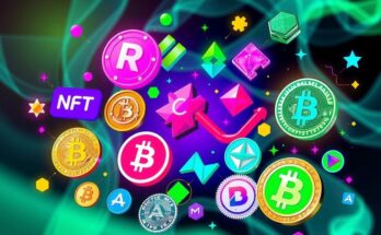 A digital collage depicting NFTs and cryptocurrencies affecting app development, with vibrant colors and modern design elements.