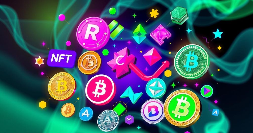 A digital collage depicting NFTs and cryptocurrencies affecting app development, with vibrant colors and modern design elements.
