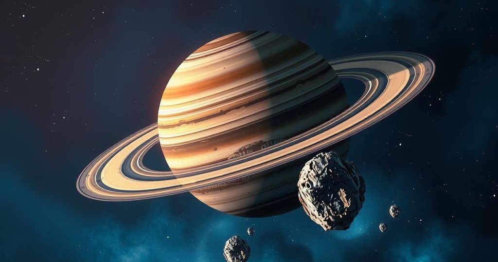Visualization of Saturn and its newly discovered Trojan asteroid in a cosmic scene with deep space colors.