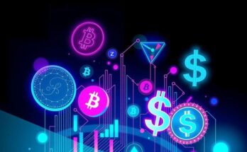 A digital collage of abstract cryptocurrency symbols and dollar signs against a dark background, reflecting financial intrigue.