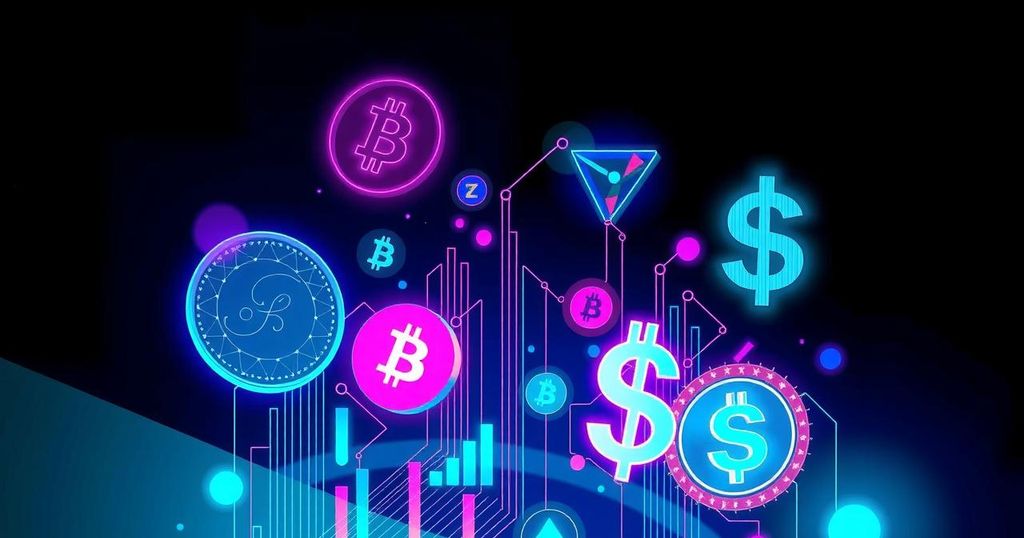 A digital collage of abstract cryptocurrency symbols and dollar signs against a dark background, reflecting financial intrigue.