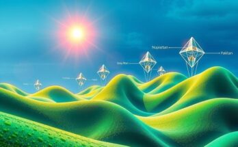 A digital landscape illustrating cryptocurrency growth in Pakistan, with vibrant colors and geometric shapes, in a modern style.