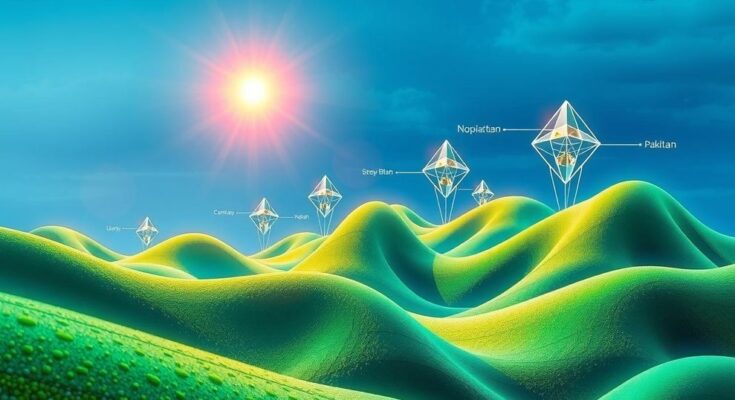 A digital landscape illustrating cryptocurrency growth in Pakistan, with vibrant colors and geometric shapes, in a modern style.
