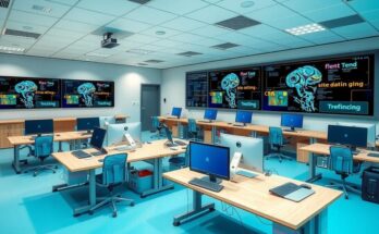 A digital classroom featuring coding and AI tools, symbolizing modern education in higher ed.