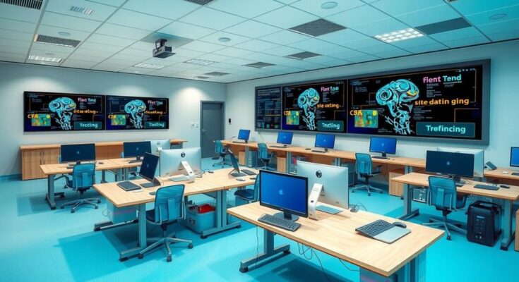 A digital classroom featuring coding and AI tools, symbolizing modern education in higher ed.