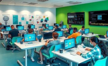 A digital classroom scene showcasing students engaged with AI technology and coding on laptops.