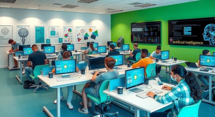 A digital classroom scene showcasing students engaged with AI technology and coding on laptops.