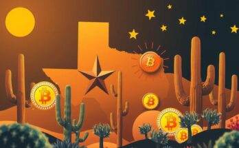 A vibrant Texas icon featuring Bitcoin symbols and cryptocurrency elements in a modern style with a warm color scheme.