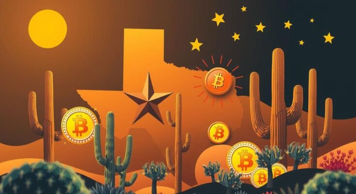 A vibrant Texas icon featuring Bitcoin symbols and cryptocurrency elements in a modern style with a warm color scheme.
