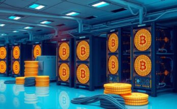 A digital representation of Bitcoin mining concept with mining rigs and a futuristic visual style in blue and gold colors.