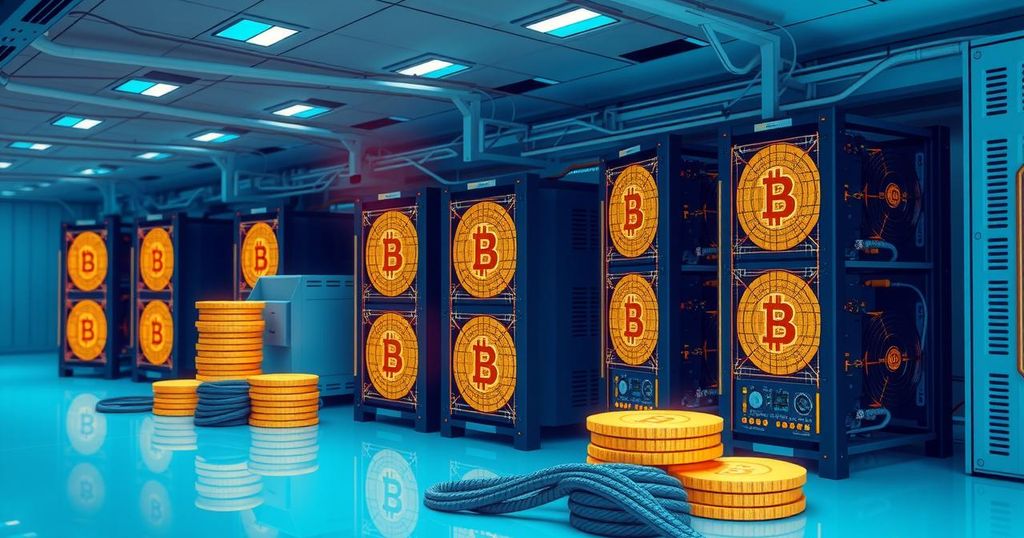 A digital representation of Bitcoin mining concept with mining rigs and a futuristic visual style in blue and gold colors.