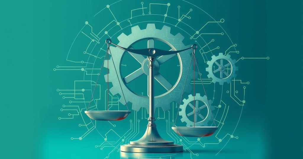 A conceptual illustration of an AI framework symbolizing civil rights, featuring gears, scales, and diverse technology icons in blue and green shades.