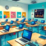 A classroom filled with laptops and digital tools emphasizing AI education and learning. Bright and engaging atmosphere.
