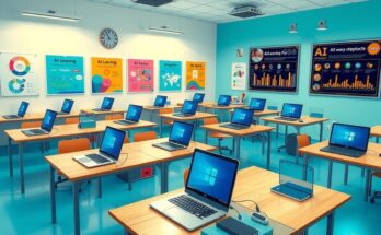 A classroom filled with laptops and digital tools emphasizing AI education and learning. Bright and engaging atmosphere.
