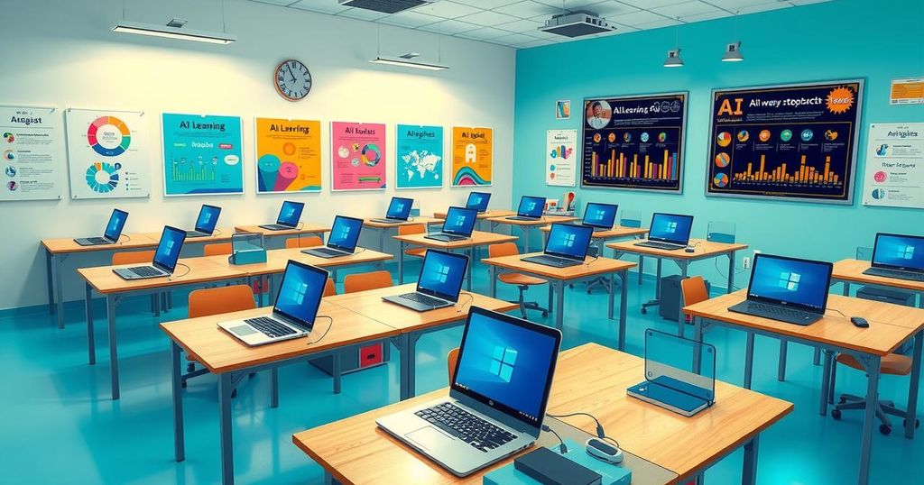 A classroom filled with laptops and digital tools emphasizing AI education and learning. Bright and engaging atmosphere.