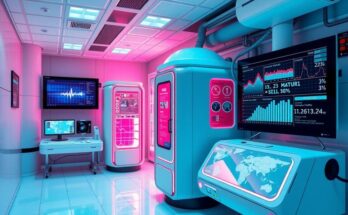 A futuristic medical lab with advanced AI technology analyzing data, energetic colors and sleek design elements.