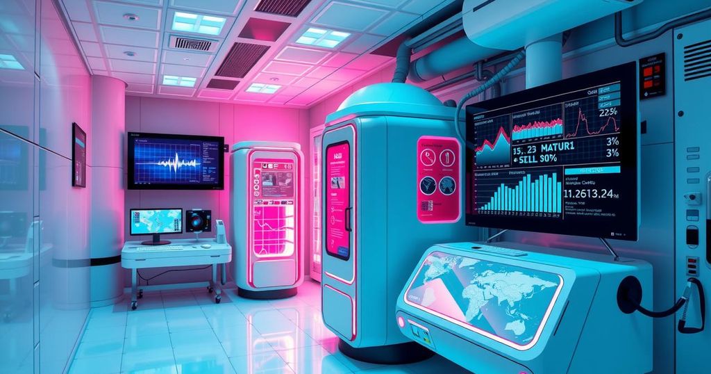 A futuristic medical lab with advanced AI technology analyzing data, energetic colors and sleek design elements.