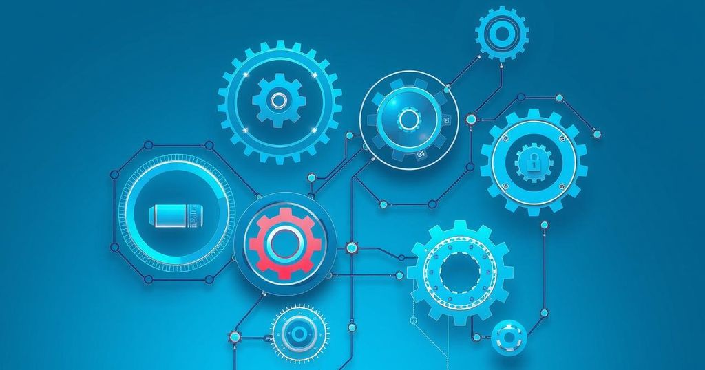 Abstract representation of artificial intelligence collaboration with technology shapes and gears in a blue color scheme.