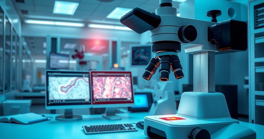 Digital tissue slide analysis using AI for faster cancer diagnoses in a modern lab setting.