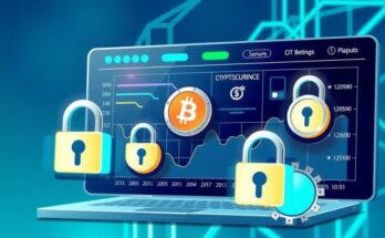 A digital illustration of a cryptocurrency exchange with security measures and encrypted locks, captured in modern art style using a blue and green color scheme.