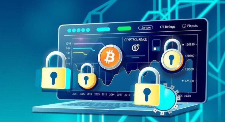 A digital illustration of a cryptocurrency exchange with security measures and encrypted locks, captured in modern art style using a blue and green color scheme.