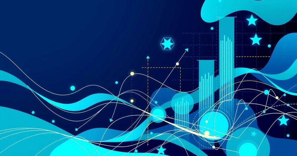 Trendy abstract representation of AI technology and financial growth featuring dynamic shapes and vibrant colors.