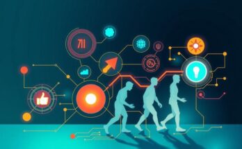 Conceptual image of AI evolution, featuring abstract symbols representing technology, innovation, and collaboration in bright colors.