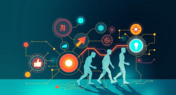 Conceptual image of AI evolution, featuring abstract symbols representing technology, innovation, and collaboration in bright colors.