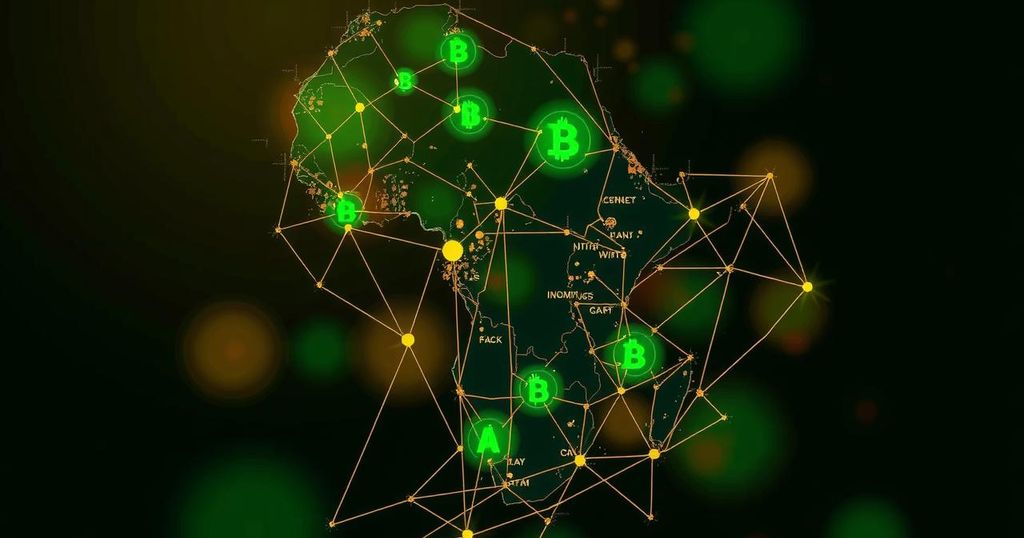 An abstract representation of cryptocurrency expansion in Africa, showcasing country outlines with green and gold hues.