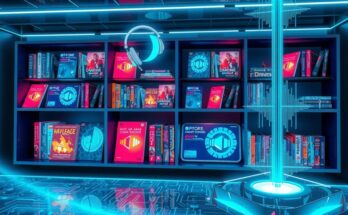 A futuristic scene depicting AI technology transforming publishing with vibrant colors and tech elements.