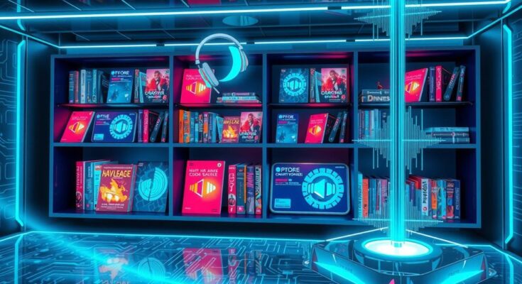 A futuristic scene depicting AI technology transforming publishing with vibrant colors and tech elements.