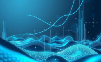An abstract representation of technology reshaping the job market with AI. Blue and gray tones dominate the digital landscape.