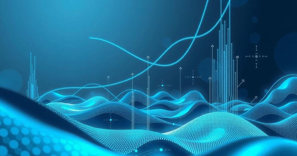 An abstract representation of technology reshaping the job market with AI. Blue and gray tones dominate the digital landscape.