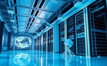 A visual representation of a futuristic data center with satellite connections, focusing on innovation in AI infrastructure.
