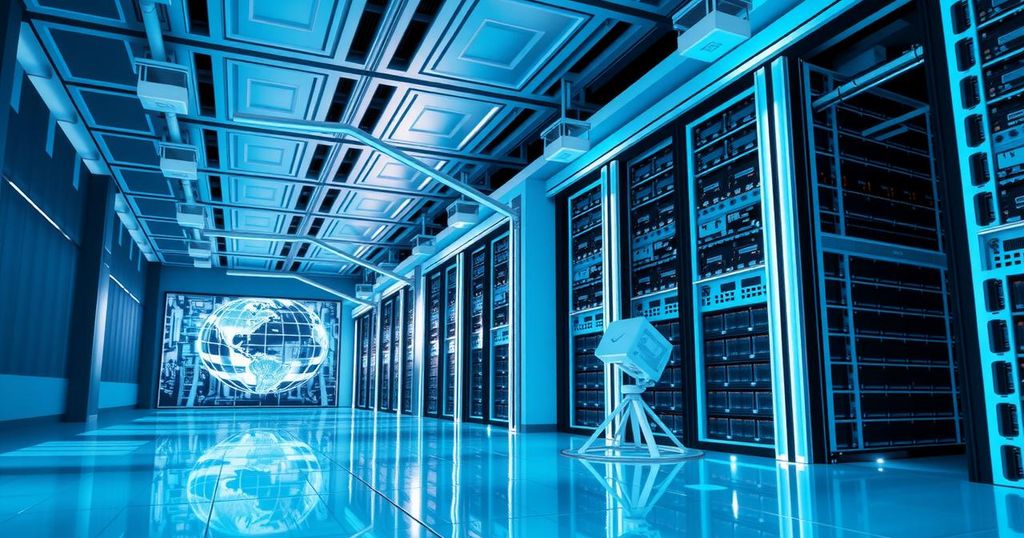 A visual representation of a futuristic data center with satellite connections, focusing on innovation in AI infrastructure.