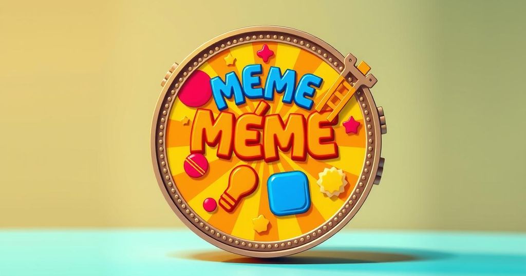 Digital artwork illustrating a vibrant meme-coin featuring playful designs resembling a token, with colorful whimsical elements.