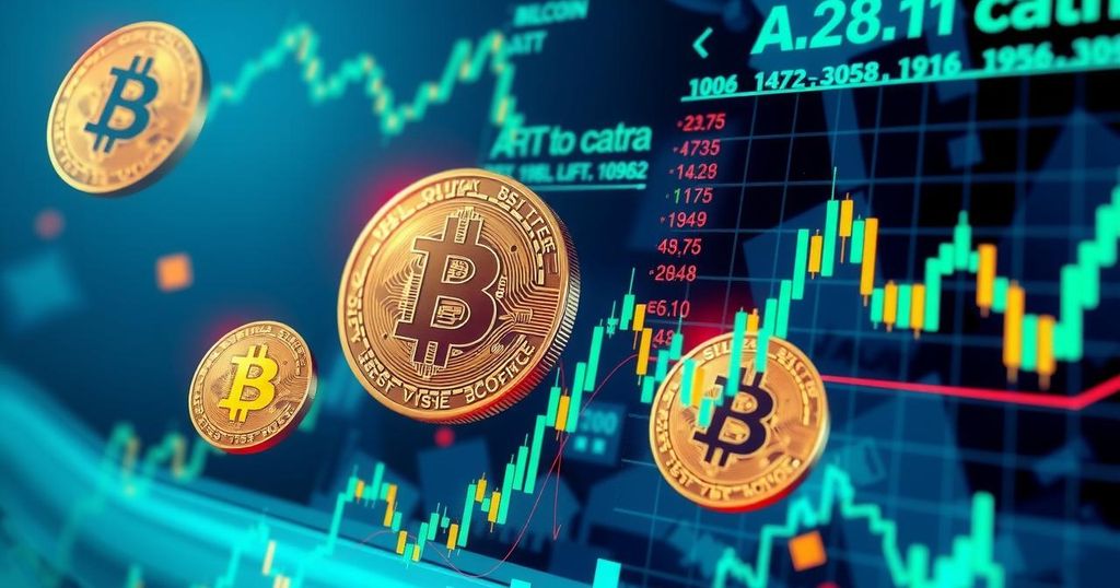 A dynamic abstract illustration of cryptocurrency trading, featuring Bitcoin symbols and fluctuating charts in blue and green hues.