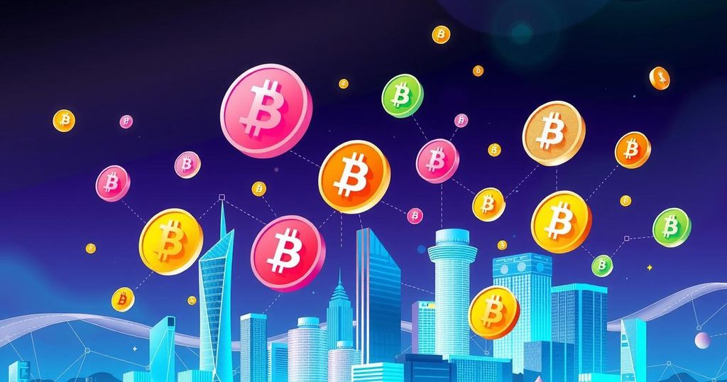 A digital art piece featuring symbols of cryptocurrency, blockchain, and vibrant cityscape elements representing innovation.
