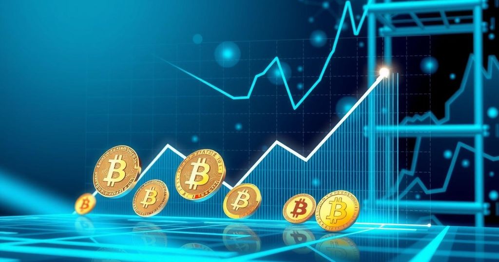 Cryptocurrency market trends showing rising coins on a line graph with tech elements in a modern design.