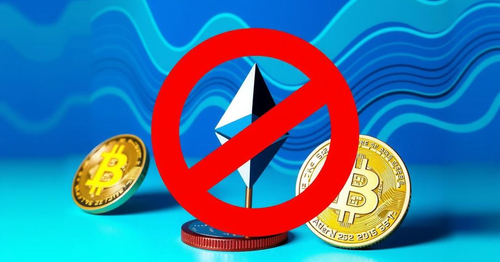 A vibrant illustration of digital currency symbols overlaid with a red prohibition sign, reflecting crypto regulation.