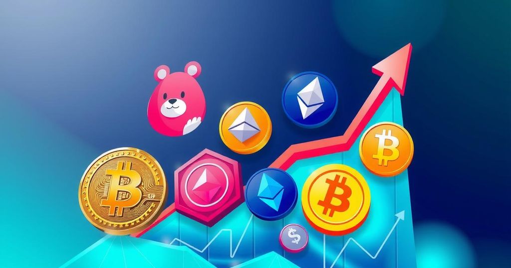 A digital representation of cryptocurrency symbols and bullish trends in vibrant colors, symbolizing market recovery.
