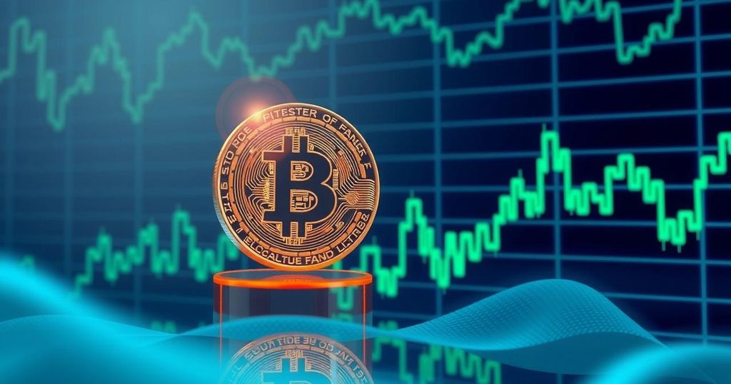 A dynamic cryptocurrency market representation with Bitcoin symbol and fluctuating graph lines, blue and green colors.