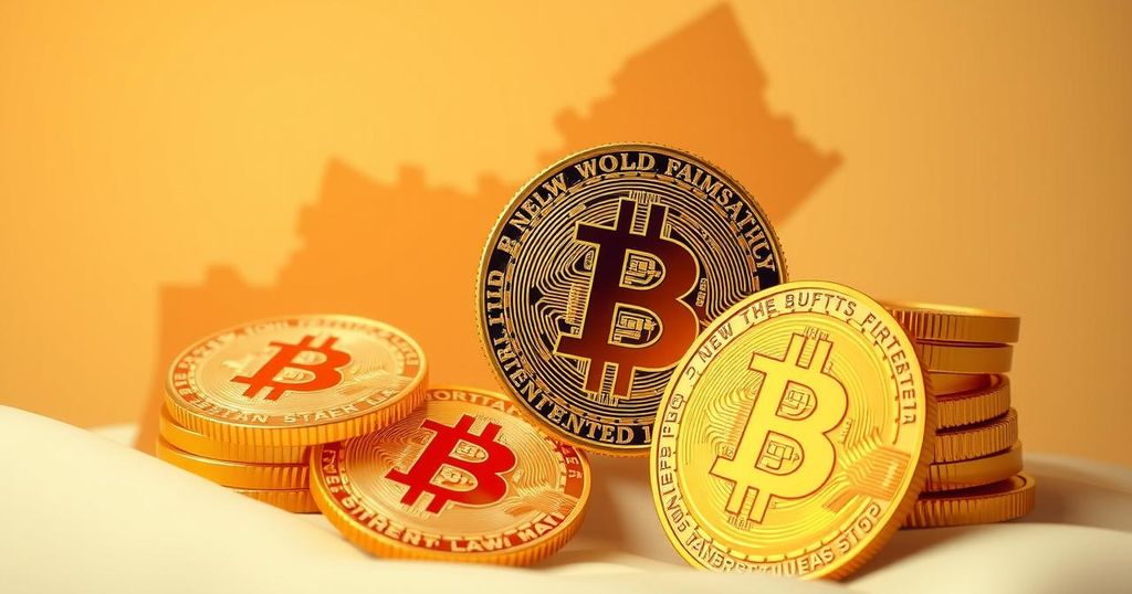 New Hampshire's crypto reserve law signified by gold coins and a bitcoin symbol against a backdrop of state outlines, warm colors.