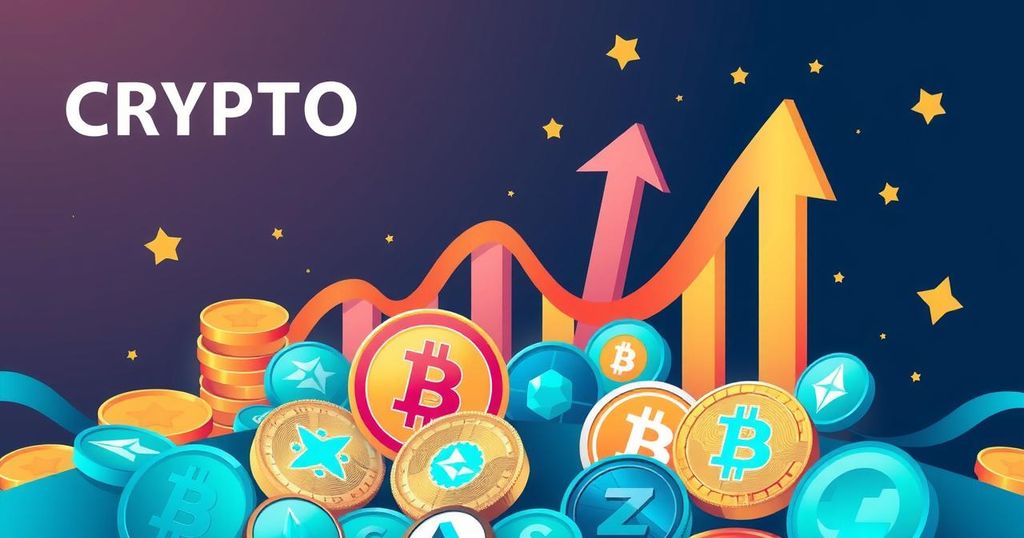 A vibrant crypto market scene featuring upward growth arrows and digital tokens symbolizing market recovery and presale opportunities.