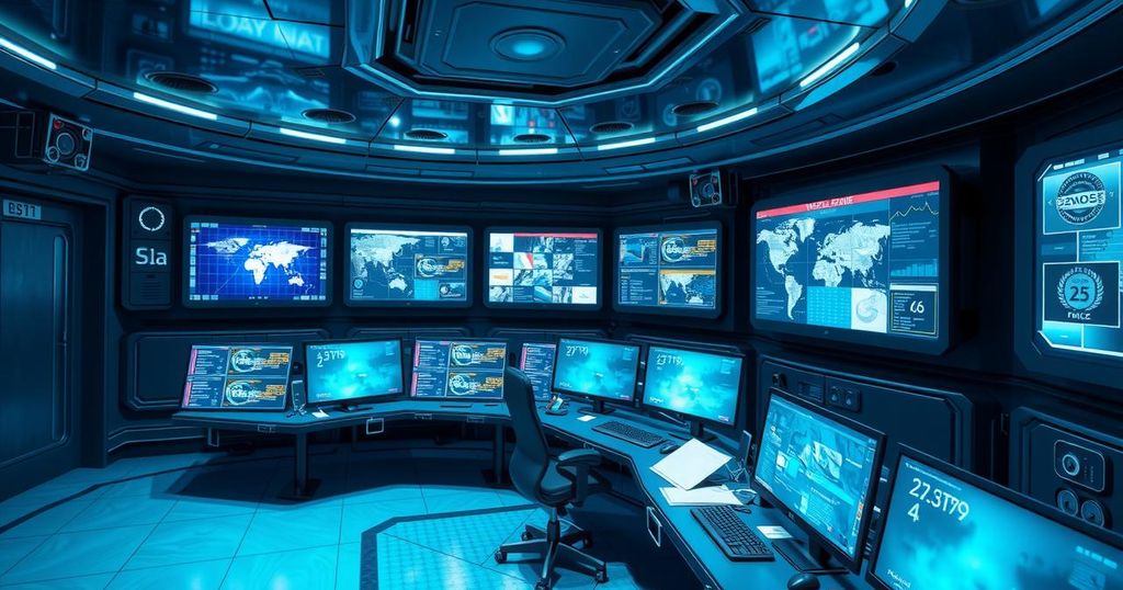 A futuristic control room with screens displaying AI analytics for law enforcement operations.